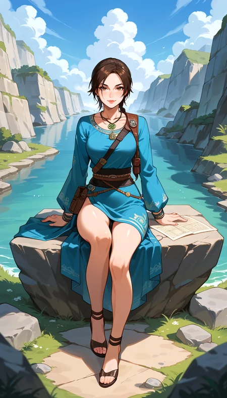 score_9, score_8_up, score_7_up, Anime Style, Full Body Shot, Lara Croft, adventurer, cute, seductive, innocent, light smile:0.3, plump lips, slender body, her hair billowing in the wind, studies an ancient map while sitting on rocks and enjoying the stunning view, depth of field, dynamic angle, fashion photography, sharp, hyperdetailed:1.15