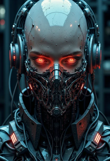 A close-up of a futuristic cybernetic soldier, illuminated by a moody, cold blue and red light. The figure's head is bald and features a high-tech mask covering the lower half of the face, composed of sleek black metal, glowing interfaces, and detailed cables. The soldier's glowing orange-red eyes display the word 'No' in bold, digital text instead of pupils, adding a haunting and intimidating effect. The armor is intricately designed, with pulsating red lights embedded in the joints and sleek plating, emphasizing advanced technology. The background is blurred, creating a sense of focus and intensity on the soldier's expression and cybernetic details. <lora:s1n0z1ck style FG Flux Lora.safetensors:0.75>, <lora:Cyberpunk Realistic V1.safetensors:0.75>, <lora:Giger_2_0.safetensors:0.25>,