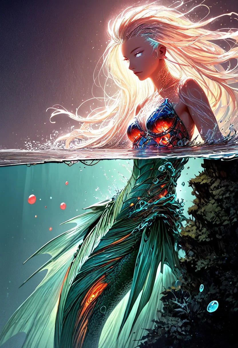 (score_9, score_8_up), score_7_up, zPDXL, solo, <lora:MythAnim3Style:0.8>, MythAn1m3,  source_anime, 1girl, mermaid, dark mysterious backgroud, Iridescent eyes, aquatic scene, dreamlike atmosphere, mystical, ethereal light, detailed textures, whimsical, rippling, dripping, water element, very long cascading hair, water, very beautiful, sexy, sexy body, beautiful body, scales, wet body, Iridescent scales, bubbles, water drops, Iridescent skin, multi colored eyes, partially underwater shot, watce, bioluminescent skin, bioluminescent, glowing, bioluminescent scales, bioluminescent hair,  FastNegativeV2, laser light clothes, submerged breast, water line on lense, view from under water, light hair