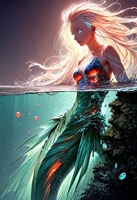 (score_9, score_8_up), score_7_up, zPDXL, solo, <lora:MythAnim3Style:0.8>, MythAn1m3, source_anime, 1girl, mermaid, dark mysterious backgroud, Iridescent eyes, aquatic scene, dreamlike atmosphere, mystical, ethereal light, detailed textures, whimsical, rippling, dripping, water element, very long cascading hair, water, very beautiful, sexy, sexy body, beautiful body, scales, wet body, Iridescent scales, bubbles, water drops, Iridescent skin, multi colored eyes, partially underwater shot, watce, bioluminescent skin, bioluminescent, glowing, bioluminescent scales, bioluminescent hair, FastNegativeV2, laser light clothes, submerged breast, water line on lense, view from under water, light hair