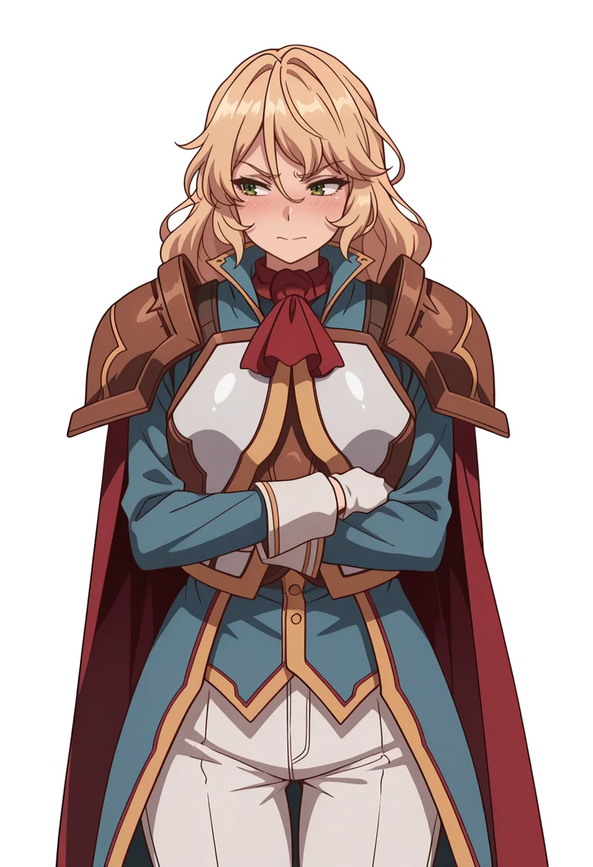 Smooth Quality,masterpiece,very intricate, high quality details, ultra realistic, high detailed skin,detailed enviorement,absurdres,
simple background, white background,
,front view,embarrassed,sulking,
<lora:Blade_cnn:0.8>
bladecnn,1girl, blonde hair, green eyes, long hair,
armor, uniform, long sleeves, gloves, white pants, ascot,shoulder armor,
cape, coat,