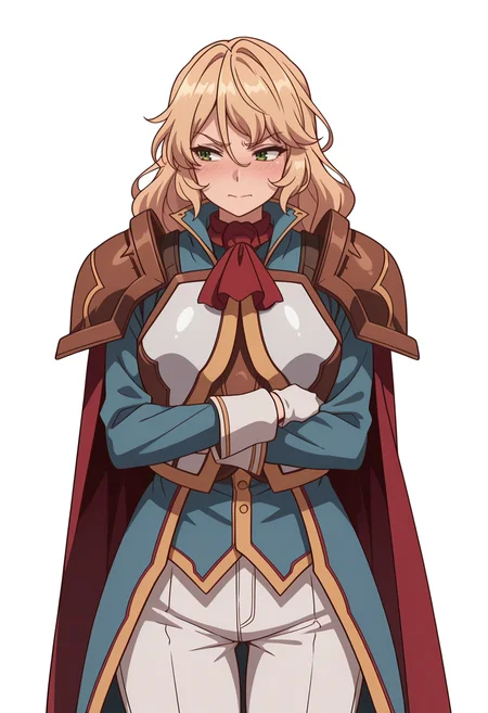 Smooth Quality,masterpiece,very intricate, high quality details, ultra realistic, high detailed skin,detailed enviorement,absurdres,
simple background, white background,
,front view,embarrassed,sulking,
<lora:Blade_cnn:0.8>
bladecnn,1girl, blonde hair, green eyes, long hair,
armor, uniform, long sleeves, gloves, white pants, ascot,shoulder armor,
cape, coat,