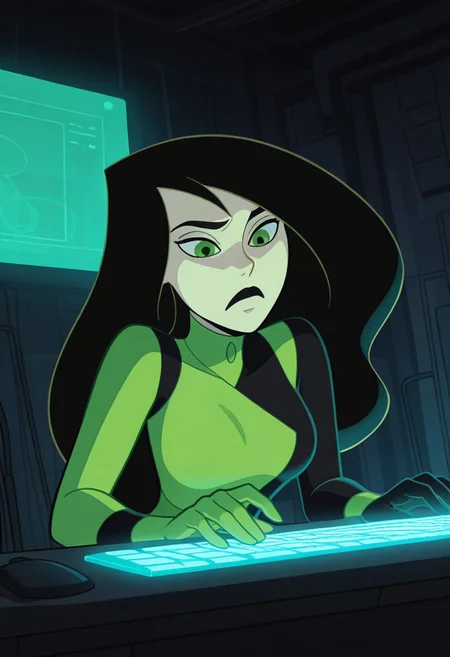 masterpiece, best quality, amazing quality, hyper-Detailed, high resolution, 1girl, solo, shego, black hair, black lips, green eyes,5parr0w5tyl3, cartoon,
neon-lit room filled with holographic screens, glowing keyboard, sleek bodysuit with glowing accents, focused expression, wires and circuits, dark urban background, action shot, close up, typing