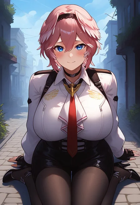 score_9, score_8_up, score_7_up, score_6_up, score_5_up, score_4_up, source_anime, detailed background, alleyway, BREAK, alone, (luiFirst, pink hair, short hair, parted hair, double-parted bangs, hair between eyes, black hairband, blue eyes, hair wings, black choker, white shirt, chest harness, breast zipper, red necktie, white ascot, long sleeves, gigantic breasts, white shirt, black gloves, partially fingerless gloves, thigh strap, high-waist shorts, leather shorts, black shorts, pantyhose, strappy heels, black footwear, blushing, horny expression, looking at viewer),