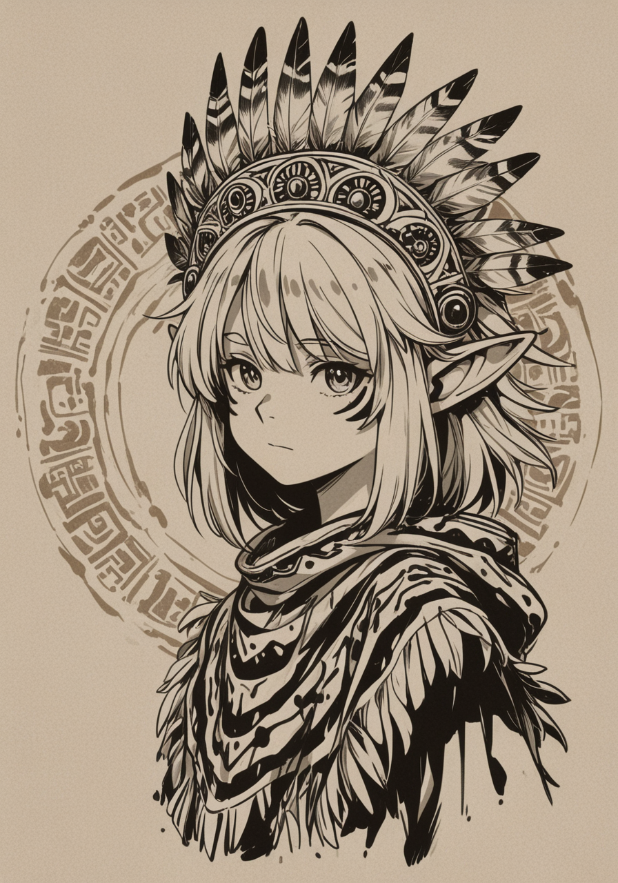masterpiece, best quality, anime art style, calligraphy painting stylization and composition, upper body portrait, (monochrome:0.85) Ink (punk:0.8) style ink illustration of a girl with elf ears and short light-colored hair, anime, jungle poncho, splash of tan color, feather_headdress, thick outlines, anime