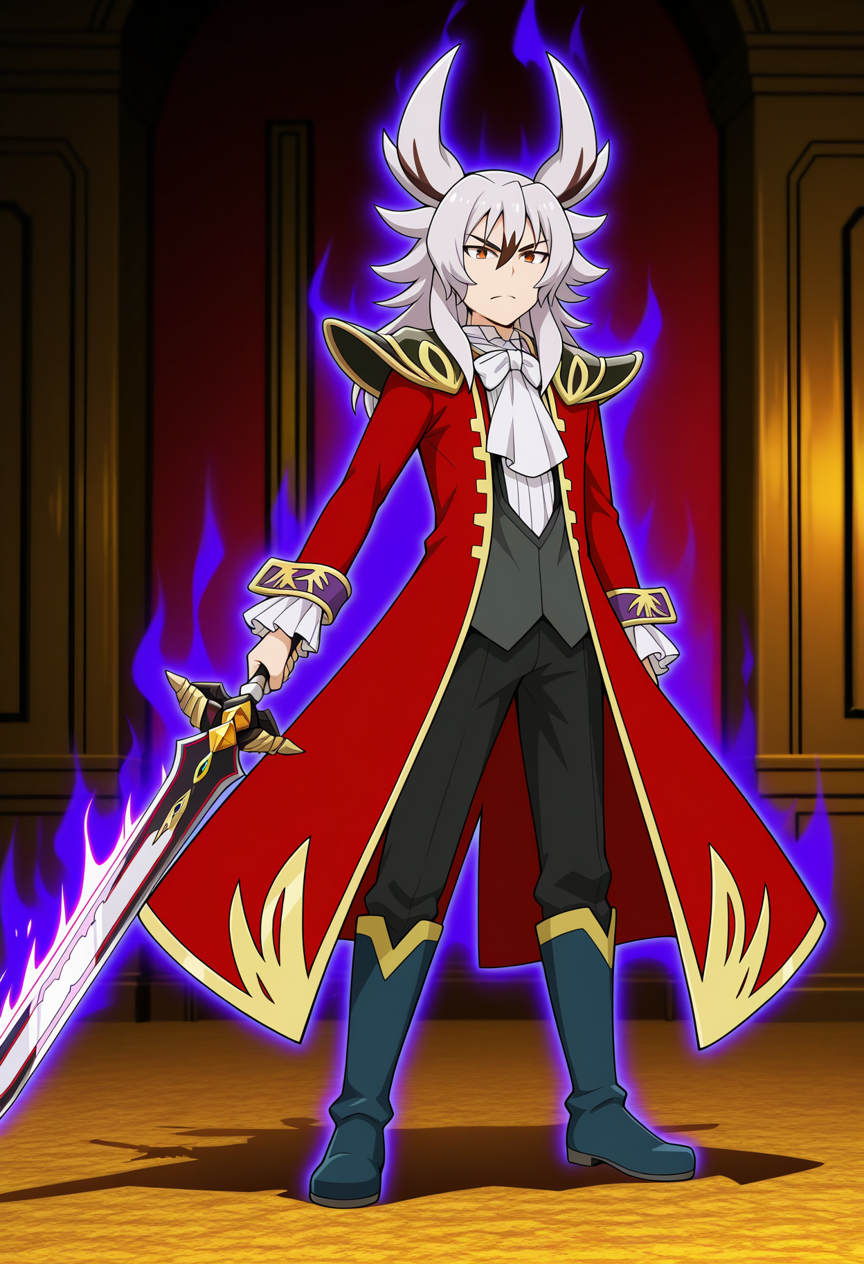masterpiece,best quality,amazing quality BREAK kyoya gaen,disaster force,weapon,sword,1boy,male focus,armor,coat,holding weapon,boots,solo,holding,ascot,bowtie,aura,holding sword,demonic demise sword aqulta gwaneff,pants,shoulder armor,long coat,serious,indoors,knee boots,waistcoat,red coat,standing,black pants,horns,long hair,<lora:Kyoya_Gaen_V2-3>,