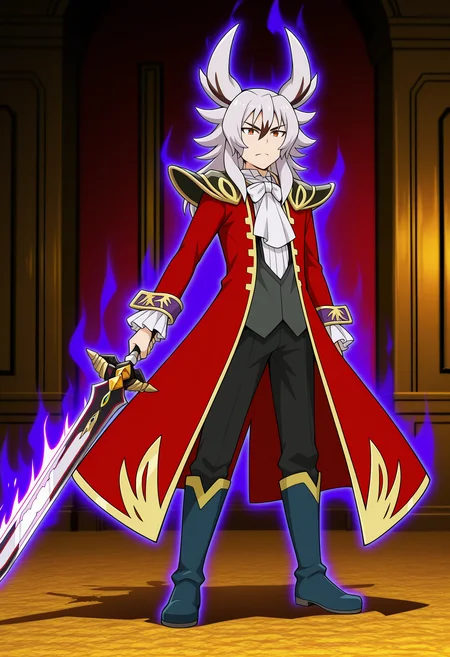 masterpiece,best quality,amazing quality BREAK kyoya gaen,disaster force,weapon,sword,1boy,male focus,armor,coat,holding weapon,boots,solo,holding,ascot,bowtie,aura,holding sword,demonic demise sword aqulta gwaneff,pants,shoulder armor,long coat,serious,indoors,knee boots,waistcoat,red coat,standing,black pants,horns,long hair,<lora:Kyoya_Gaen_V2-3>,