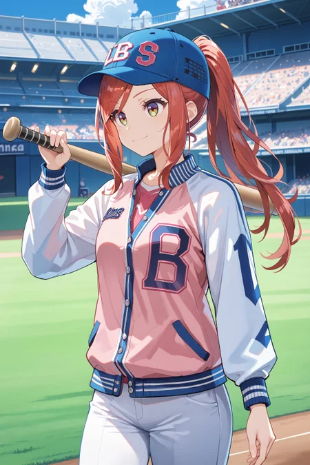 score_max, (score_9, score_8_up, score_7_up:1.2), score_6_up, official art,
, masterpiece, absurdres, high detail, 8k,
baseball stadium, grass, batter's box, blue sky, cowboy shot,
standing, holding baseball bat, two-handed, light smile,
solo, iroha, red hair, ponytail, helmet, pink shirt, letterman jacket, long sleeves, pants,
<lora:XL_Pony_MGCM-iroha-t1:1>