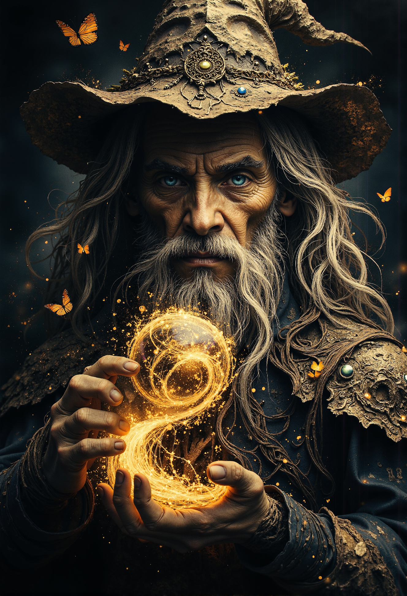 An enchanting portrait of an elderly wizard with a long, flowing white beard and hair, illuminated by soft, magical light. The wizard wears a wide-brimmed, weathered hat adorned with small twigs and leaves, and a richly detailed, embroidered robe with golden patterns and sapphire-like gemstones. He holds an intricately carved staff featuring runes and glowing symbols that pulse with arcane energy.  In his other hand, he delicately manipulates a swirling orb of radiant light and magical particles, which seem to defy gravity. Surrounding him are vibrant monarch butterflies, glowing faintly with magical auras, as if drawn to his power. The background is dark and ethereal, filled with faint wisps of mist and stardust, enhancing the mystical atmosphere. The wizard's piercing blue eyes radiate wisdom and power, adding a sense of wonder and depth to the scene. <lora:flux_sparklycism.safetensors:1.0>,  <lora:- Flux1 - vanta_black_V1.0.safetensors:1.0>,  <lora:Elden_Ring_-_Yoshitaka_Amano.safetensors:1.0>,  <lora:paintart-style-006-v1-0-flux.safetensors:0.4>,  <lora:Movie_Portrait.safetensors:0.5>,  <lora:- Flux1 - soothing_atmo_V2.0.safetensors:0.2>,  <lora:lith_mimosa_kiel_grw134_FLUX.safetensors:0.4>,