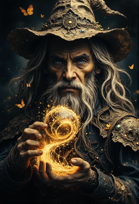 An enchanting portrait of an elderly wizard with a long, flowing white beard and hair, illuminated by soft, magical light. The wizard wears a wide-brimmed, weathered hat adorned with small twigs and leaves, and a richly detailed, embroidered robe with golden patterns and sapphire-like gemstones. He holds an intricately carved staff featuring runes and glowing symbols that pulse with arcane energy. In his other hand, he delicately manipulates a swirling orb of radiant light and magical particles, which seem to defy gravity. Surrounding him are vibrant monarch butterflies, glowing faintly with magical auras, as if drawn to his power. The background is dark and ethereal, filled with faint wisps of mist and stardust, enhancing the mystical atmosphere. The wizard's piercing blue eyes radiate wisdom and power, adding a sense of wonder and depth to the scene. <lora:flux_sparklycism.safetensors:1.0>, <lora:- Flux1 - vanta_black_V1.0.safetensors:1.0>, <lora:Elden_Ring_-_Yoshitaka_Amano.safetensors:1.0>, <lora:paintart-style-006-v1-0-flux.safetensors:0.4>, <lora:Movie_Portrait.safetensors:0.5>, <lora:- Flux1 - soothing_atmo_V2.0.safetensors:0.2>, <lora:lith_mimosa_kiel_grw134_FLUX.safetensors:0.4>,