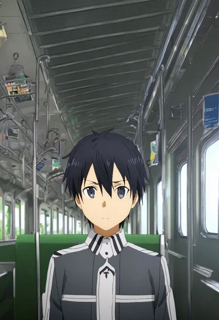 high resolution, solo, best quality, 1Boy, Kazuto Kirigaya, Black Hair, Black Eyes, train, inside train, OverallDetail
