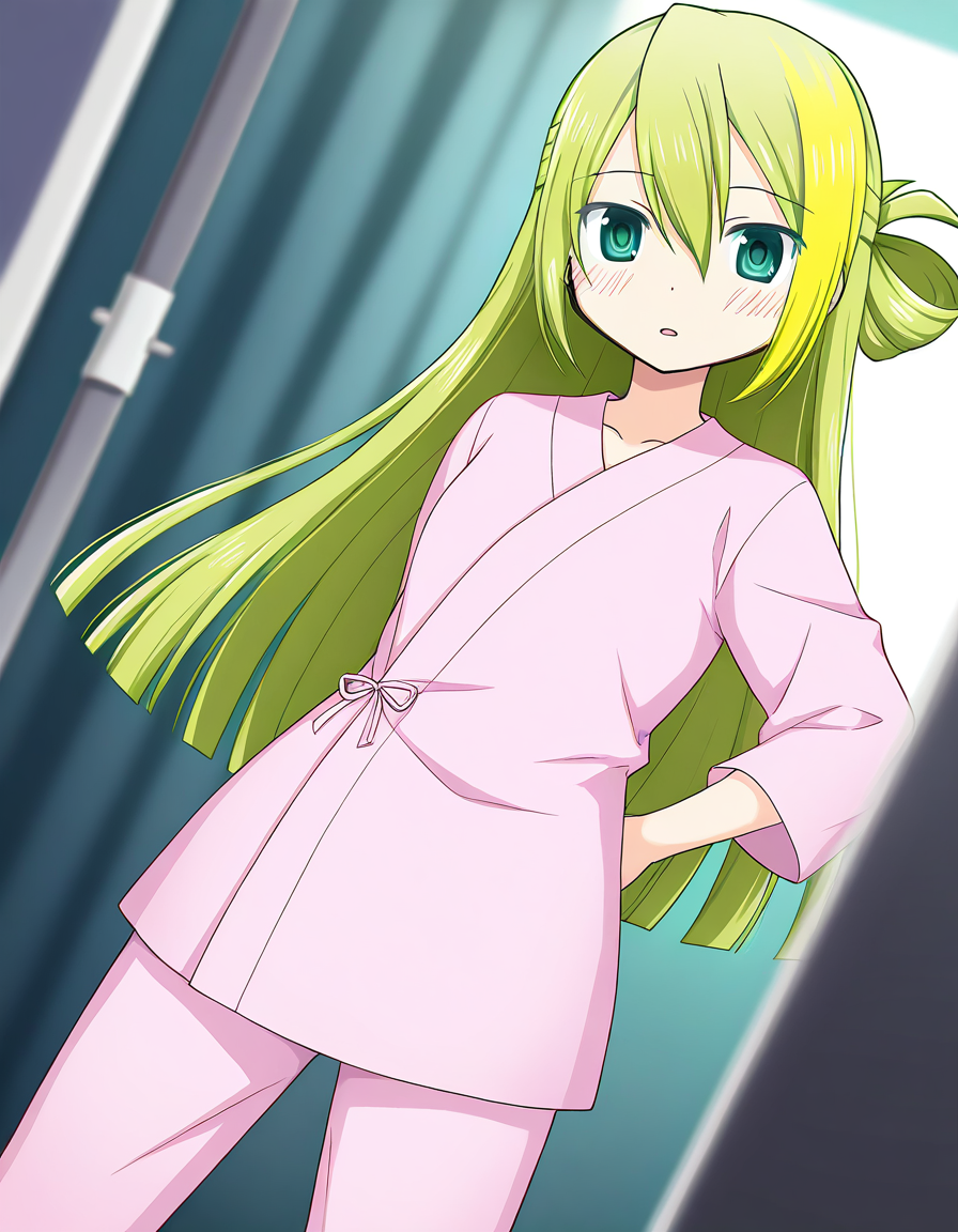 masterpiece, best quality, newest, absurdres, highres, safe, 1girl, alina gray \(hospitalized costume\), magia record: mahou shoujo madoka magica gaiden, pink hospital gown, pink pants, solo, hospital, dutch angle, <lora:alina_gray_noobaiXLNAIXL_vPred10Version:0.7>