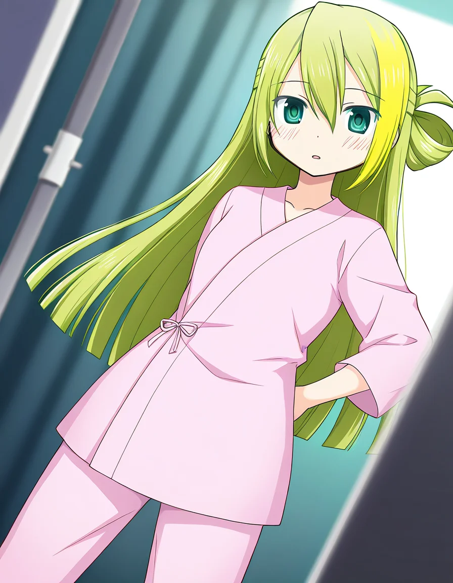 masterpiece, best quality, newest, absurdres, highres, safe, 1girl, alina gray \(hospitalized costume\), magia record: mahou shoujo madoka magica gaiden, pink hospital gown, pink pants, solo, hospital, dutch angle, <lora:alina_gray_noobaiXLNAIXL_vPred10Version:0.7>