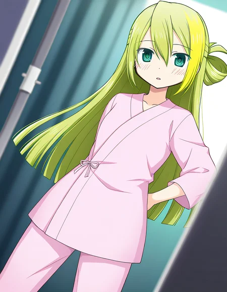 masterpiece, best quality, newest, absurdres, highres, safe, 1girl, alina gray \(hospitalized costume\), magia record: mahou shoujo madoka magica gaiden, pink hospital gown, pink pants, solo, hospital, dutch angle, <lora:alina_gray_noobaiXLNAIXL_vPred10Version:0.7>