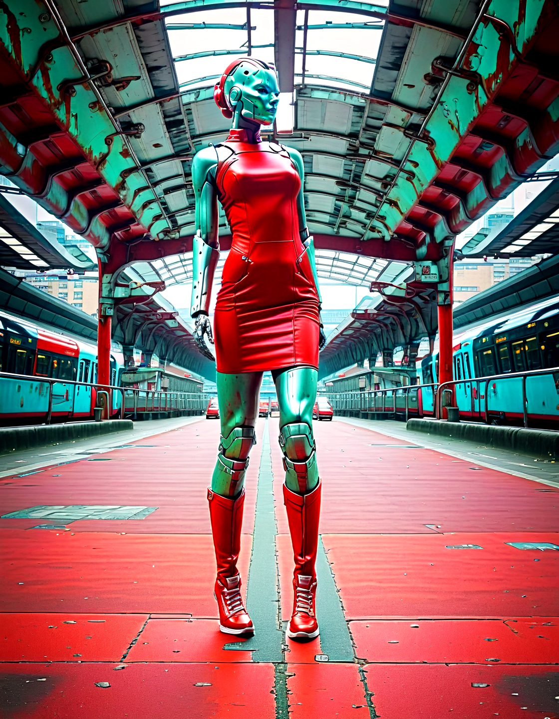 Photography a sexy metal android woman in pms style, standing on a busstation, wearing a red dress, n1k3jo shoe, nike, ,,, Creating art with Photography, often for capturing reality, light, or visual narratives.