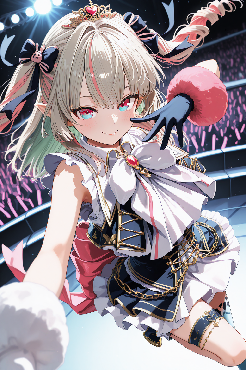 lazypos,
1girl,
MakaiNoRirimuNijisanji, MakaiNoRirimuIdolCostume, 
solo, perspective, dynamic angle, upper body,
twintails, green hair, blue eyes, hair between eyes, large breasts,
grey hair, twin drills, eyelashes, tiara, rabbit hair ornament, idol clothes, thigh strap, high heel boots,
depth of field,
<lora:kp_MakaiNoRirimuNijisanjiIllustrious_v1_0:1.0>,