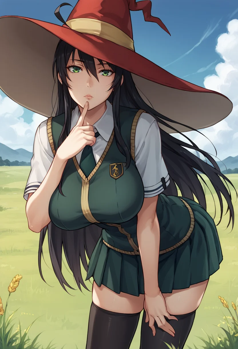 score_9, score_8_up, score_7_up, source_anime BREAK 1girl, cowboy shot, solo, looking at viewer,
<lora:KagariAyakaDwnsty:0.9>, kagariwitch, black hair, green eyes, long hair, ahoge, witch hat, school uniform, sweater vest, necktie, skirt, black thighhighs,
large breasts, lips, expressionless, skindentation, leaning forward, finger to own chin, leaning forward,
outdoors, blue sky, nature, grass,