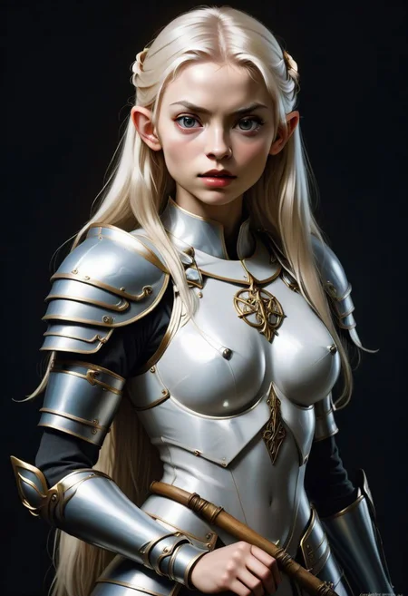 Galadriel martial portrait, in (white armor:1.2), golden hair with silver highlights, sexy, light grey eyes, (pointed ears:0.8:,
Portrait by Caravaggio, oil on canvas.
1girl,
Full body with shield and spear. The shield device shows the sigil of the house of finarfin