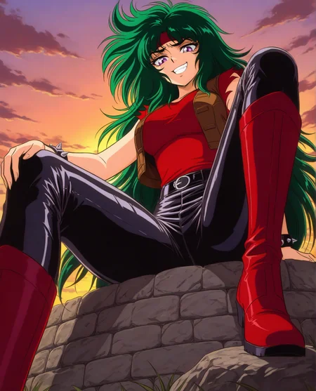 masterpiece, best quality, absurdres, zodikki1, kurumada eyes, kurumada hair, 1girl, very long hair, green hair, bright purple eyes, leather vest, leather pants, spiked bracelets, headband, sitting on stone wall, view from below, knee up, red boots, red shirt, >:d, smirk, teeth, sunset, clouds