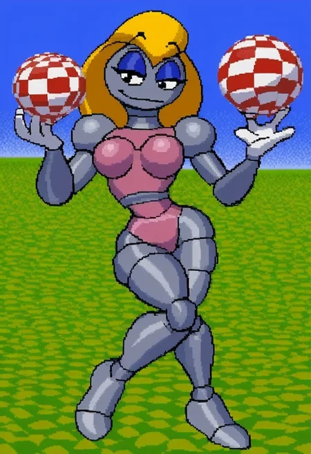 pixel art, score_9_up, score_8_up, score_7, best quality, high resolution, masterpiece, detailed,
no nose, long blonde hair, 1girl, solo, pink torso, grey limbs, colored body, grey body pink torso, juggette, female, small breasts, half closed eyes, blue eyelids