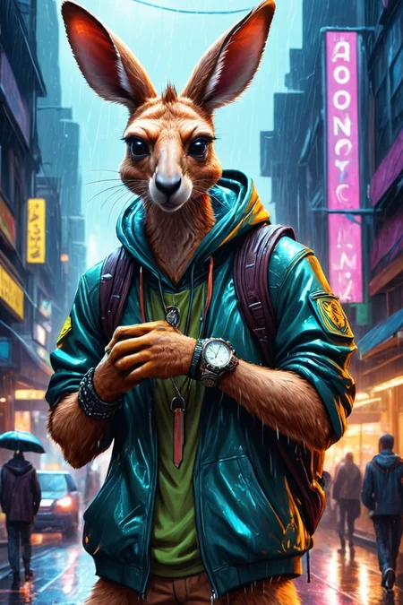 Detailed digital illustration of an anthro Kangaroo (Looking at a watch, anticipation) at a Rain-soaked streets with glowing cyber signs, <lora:xl_more_art-full_v1:0.5>, <lora:anthro_muscular:0.7> , <lora:madpunk:0.4> madpunk