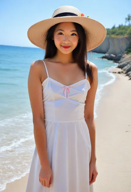 ftv style, score_9, 1girl, asian, sunny, lipstick, sundress, sunhat, beach, ocean, posing for photo, gentle smile, (blue sky)