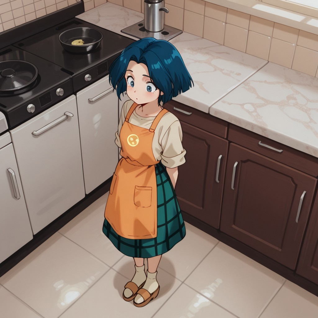 masterpiece, best quality, amazing quality, AzusakanIl, human, female, blue hair, blue eyes, tan shirt, short sleeves, long green skirt, tan socks, brown sandals, red strap, orange apron, standing, in kitchen