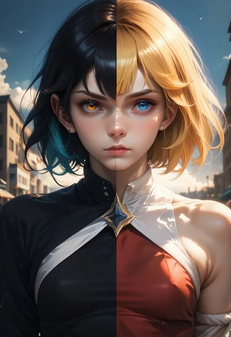 score_9_up, score_8_up, score_7_up, REALISTIC, DUALITY SEGMENTATION,
MIX OF boy AND girl,
HETEROCHROMIA, SPLIT-COLOR HAIR