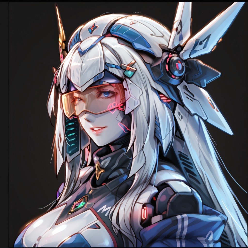 uaf-character, |||, breasts, humanoid robot, mecha musume, medium breasts, silver hair ornament, uaf_neuko, upper body, glowing, android, visor, smile, black border, uaf-portrait, robot girl, robot, uaf_redblue_backlight, parted lips, solo, uaf_red_blue_ilumination, helmet, simple background, 1girl, 80swa, Expressiveh, score_9,score_8_up,score_7_up, 20 years old, 8k, hd, beautiful korean girl, , ultra realistic, hyper realistic, detailed face, natural huge breasts, beautiful woman's face, <LoRA: uafPortraits-000110>, <LoRA: uaf Wt: 1>, pureerosface_v1, (PureErosFace_V1:0.8)