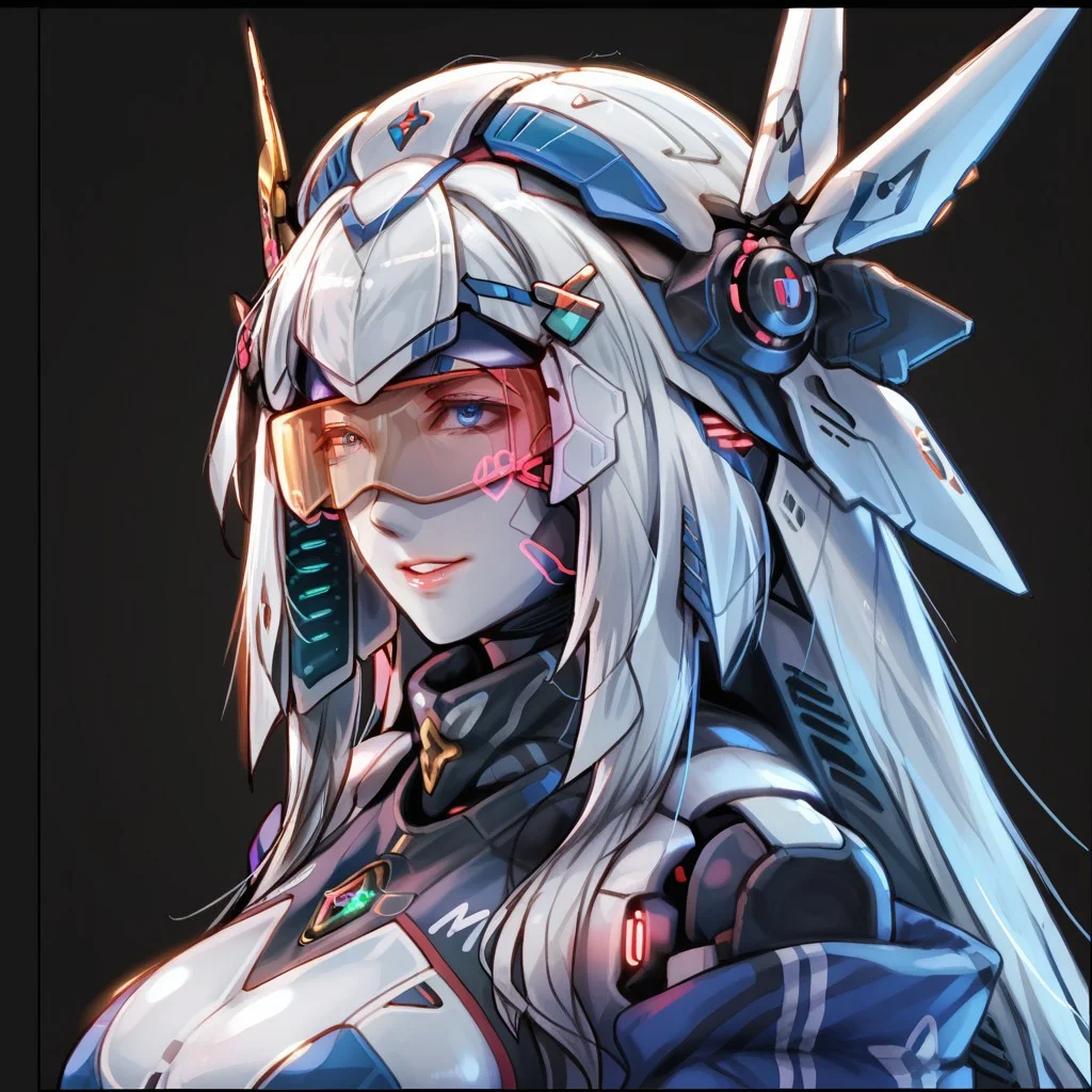 uaf-character, |||, breasts, humanoid robot, mecha musume, medium breasts, silver hair ornament, uaf_neuko, upper body, glowing, android, visor, smile, black border, uaf-portrait, robot girl, robot, uaf_redblue_backlight, parted lips, solo, uaf_red_blue_ilumination, helmet, simple background, 1girl, 80swa, Expressiveh, score_9,score_8_up,score_7_up, 20 years old, 8k, hd, beautiful korean girl, , ultra realistic, hyper realistic, detailed face, natural huge breasts, beautiful woman's face, <LoRA: uafPortraits-000110>, <LoRA: uaf Wt: 1>, pureerosface_v1, (PureErosFace_V1:0.8)