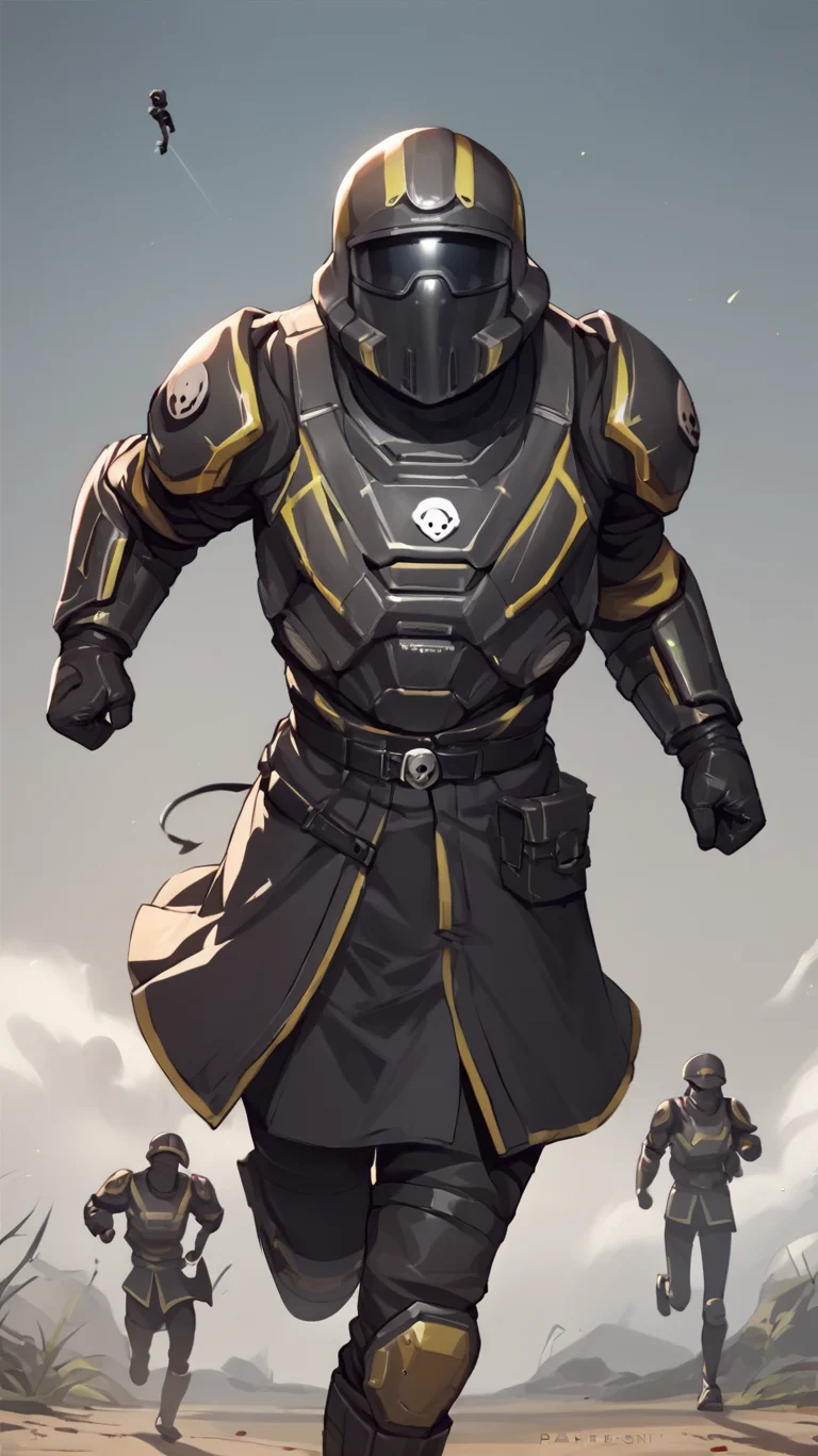 <lora:HelldiversXL:1> score_9, score_8_up, score_7_up, score_6_up, score_5_up, score_4_up, source_anime, helldiver, 1boy, armor, helmet, skirt, cowboy shot, running