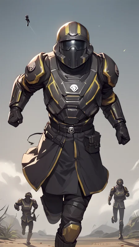 <lora:HelldiversXL:1> score_9, score_8_up, score_7_up, score_6_up, score_5_up, score_4_up, source_anime, helldiver, 1boy, armor, helmet, skirt, cowboy shot, running