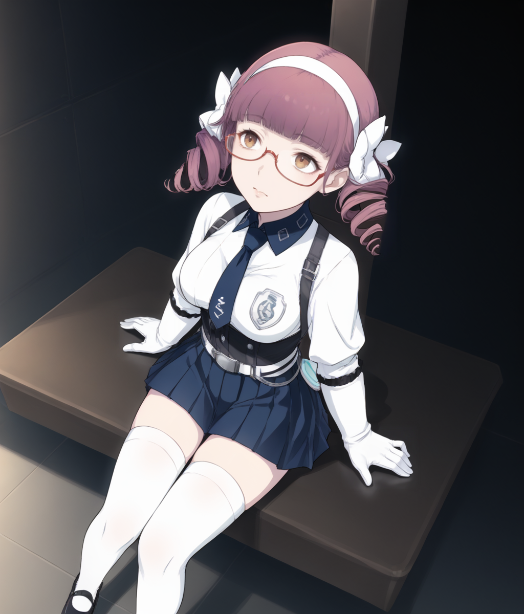 score_9, score_8, score_7, from above, solo, 1girl, <lora:Mana_Kawai_PXL:1> mana_kawai, twin drills, half-rim glasses, brown eyes, white shirt, necktie, belt, white gloves, pleated skirt, white thighhighs, mary janes, sitting, looking up BREAK indoors, sci-fi, white ceilings, white floor, artificial lighting