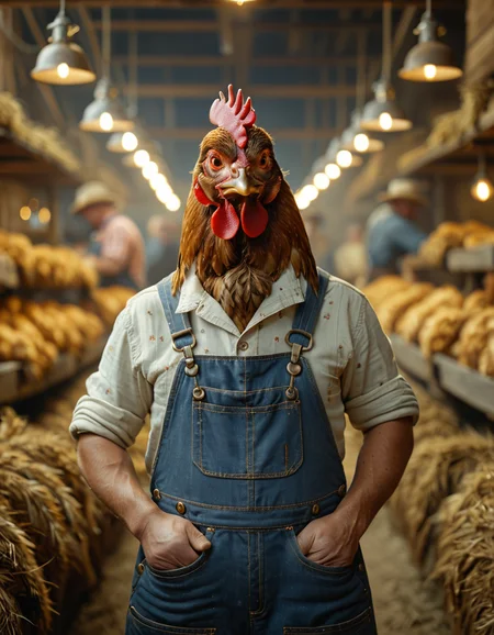 cinematic still chicken working as farmer wearing Dungarees . emotional, harmonious, vignette, 4k epic detailed, shot on kodak, 35mm photo, sharp focus, high budget, cinemascope, moody, epic, gorgeous, film grain, grainy, chicken working as farmer wearing Dungarees, detailed, professional, cinematic, elegant, intricate, highly imagined, sharp, focus, fair, perfect, beautiful, delicate, innocent, artistic, directed, color, altered, dramatic, vibrant, background, light, detail, illuminated, true colors, inspired, designed, vivid, incredible, symmetry, creative, positive