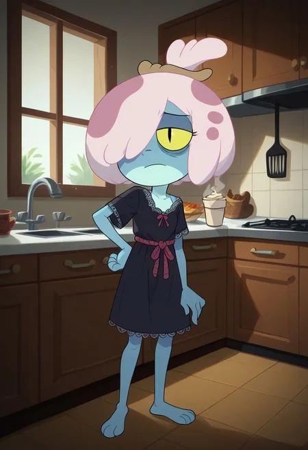 score_9, score_8_up, score_7_up, score_6_up, score_5_up, score_4_up, solo,1girl,show accurate, perfect anatomy, perfect hands,
four fingers per hand and two toes per foot. light pink hair with dark pink spots, hair down to shoulders, hair covering one eye, yellow eyes with black, slit pupils, noodle arms, noodle legs, little breasts, thin waist, slim hips no nose,
hair down, wear only lace nightgown,
perfect hands, show accurate, perfect anatomy, med body,
indoors, small perky breasts, kitchen, hand on hip, loose clothing, holding a cup of coffee in hand, sleepy eyes, bags under eyes, loose clothes,baggy clothes,