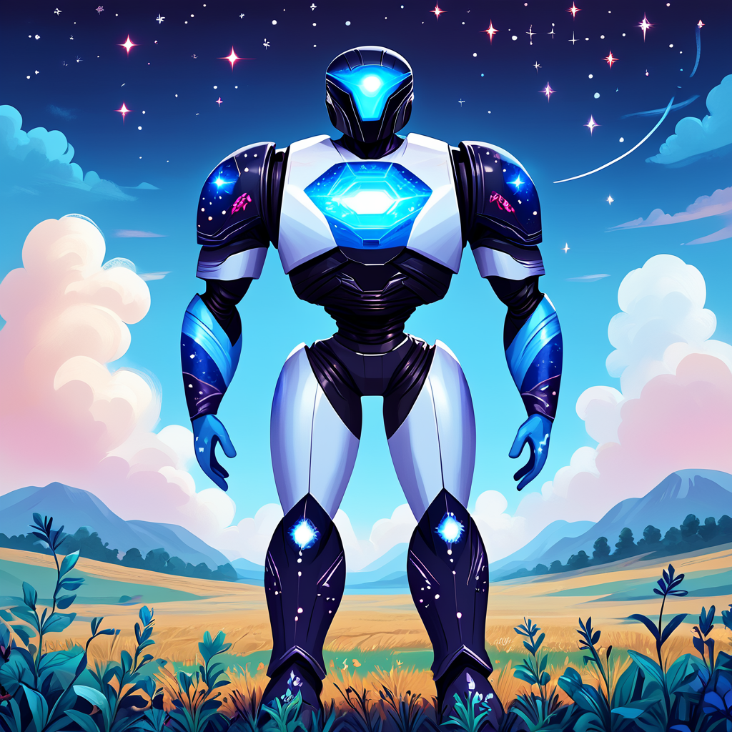 Score_9, score_8_up, score_7_up, score_6_up, BREAK  <lora:Flat_Cartoon_IllustrationPony:1> ArsMJStyle, Flat Cartoon Illustration, The image shows a man in a blue suit standing in the middle of a field surrounded by plants and clouds in the sky., solo, sky, cloud, samus aran, star (sky), full body, standing, power armor, helmet, starry sky print