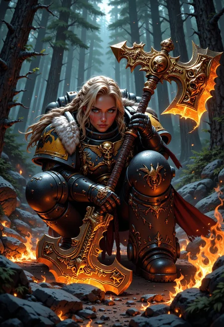 A fierce female SpaceW40K warrior crouched low, gripping a long, ornate axe with both hands, illuminated by a fiery orange aura that highlights intricate golden designs on the blade and hilt; rugged expression, blonde hair flowing freely, clad in power armor with a dark cloak draping over her back; misty twilight forest background with dark looming trees, smoky ethereal air, glowing embers and sparks around; earthy browns, oranges, and golds dominate the scene, contrasting with cooler dark greens and grays of the forest, creating a mystical, intense atmosphere