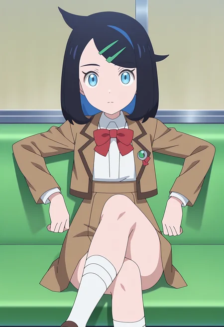 masterpiece, best quality, high resolution, source_anime, highly detailed illustration, detailed eyes, very aesthetic, absurdres, newest, amazing quality,
1girl, solo, anime screencap, anime coloring,
<lora:shiLikoV1ill:1>, shilikouni, bangs, blue eyes, black hair, multicolored hair, eyelashes, cowlick, hairclip, medium hair,
necklace, jewelry, hair ornament, red bow, red bowtie,
school uniform, white shirt, collared shirt, open clothes, open jacket, brown jacket, blazer,
brown skirt, belt,
white socks, shoes, brown footwear, loafers,
looking at viewer, staring, expressionless, arm rest, crossed legs,