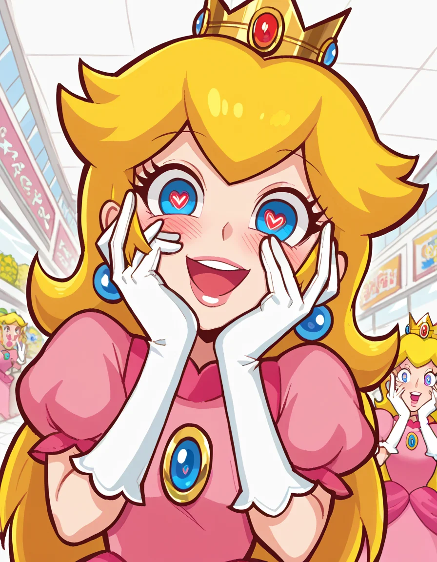 score_9, score_8_up, score_7_up, source_anime, <lora:super-princess-peach-ingame-ponyxl-lora-nochekaiser:1>, princess peach, blonde hair, blue eyes, long hair,, crown, dress, gem, gloves, pink dress, puffy short sleeves, puffy sleeves, short sleeves, white gloves,, mall, shops, people, shopping, big, smile, <lora:yandere-trance-ponyxl-lora-nochekaiser:1>, yandere trance, yandere, hands on own cheeks, hands on own face, crazy eyes, crazy smile, crazy, heart-shaped pupils, glowing eyes, symbol-shaped pupils, hand on own face, open mouth, glowing, blush, looking at viewer,, looking at viewer, solo,, dutch angle, cowboy shot