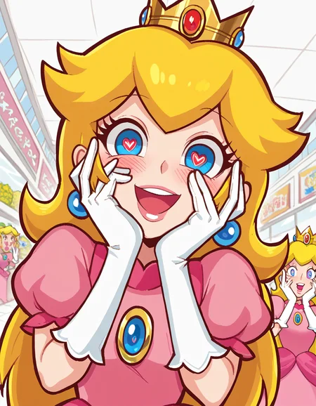 score_9, score_8_up, score_7_up, source_anime, <lora:super-princess-peach-ingame-ponyxl-lora-nochekaiser:1>, princess peach, blonde hair, blue eyes, long hair,, crown, dress, gem, gloves, pink dress, puffy short sleeves, puffy sleeves, short sleeves, white gloves,, mall, shops, people, shopping, big, smile, <lora:yandere-trance-ponyxl-lora-nochekaiser:1>, yandere trance, yandere, hands on own cheeks, hands on own face, crazy eyes, crazy smile, crazy, heart-shaped pupils, glowing eyes, symbol-shaped pupils, hand on own face, open mouth, glowing, blush, looking at viewer,, looking at viewer, solo,, dutch angle, cowboy shot