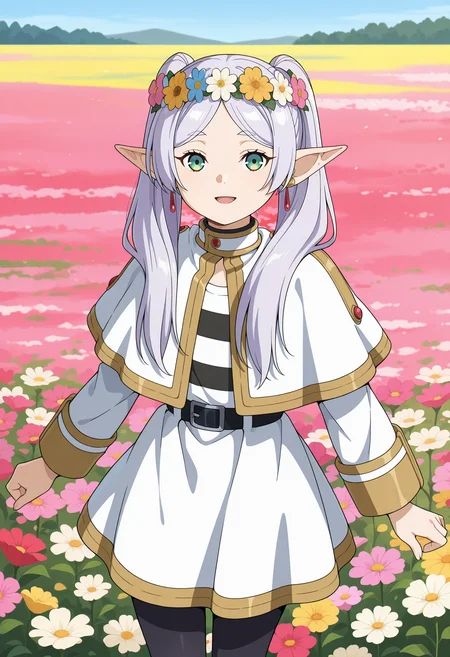 anime screencap, masterpiece, best quality,
<lora:SousouNoFrieren_Frieren_IlluXL:0.9>,
1girl, solo, open mouth, light smile, head wreath, hair flower, happy,
grey hair, long hair, green eyes, twintails, parted bangs, earrings, pointy ears,
FrierenCasual, striped shirt, white capelet, black belt, white skirt, long sleeves, black pantyhose,
standing, looking at the viewer,
outdoors, flower field, blue sky