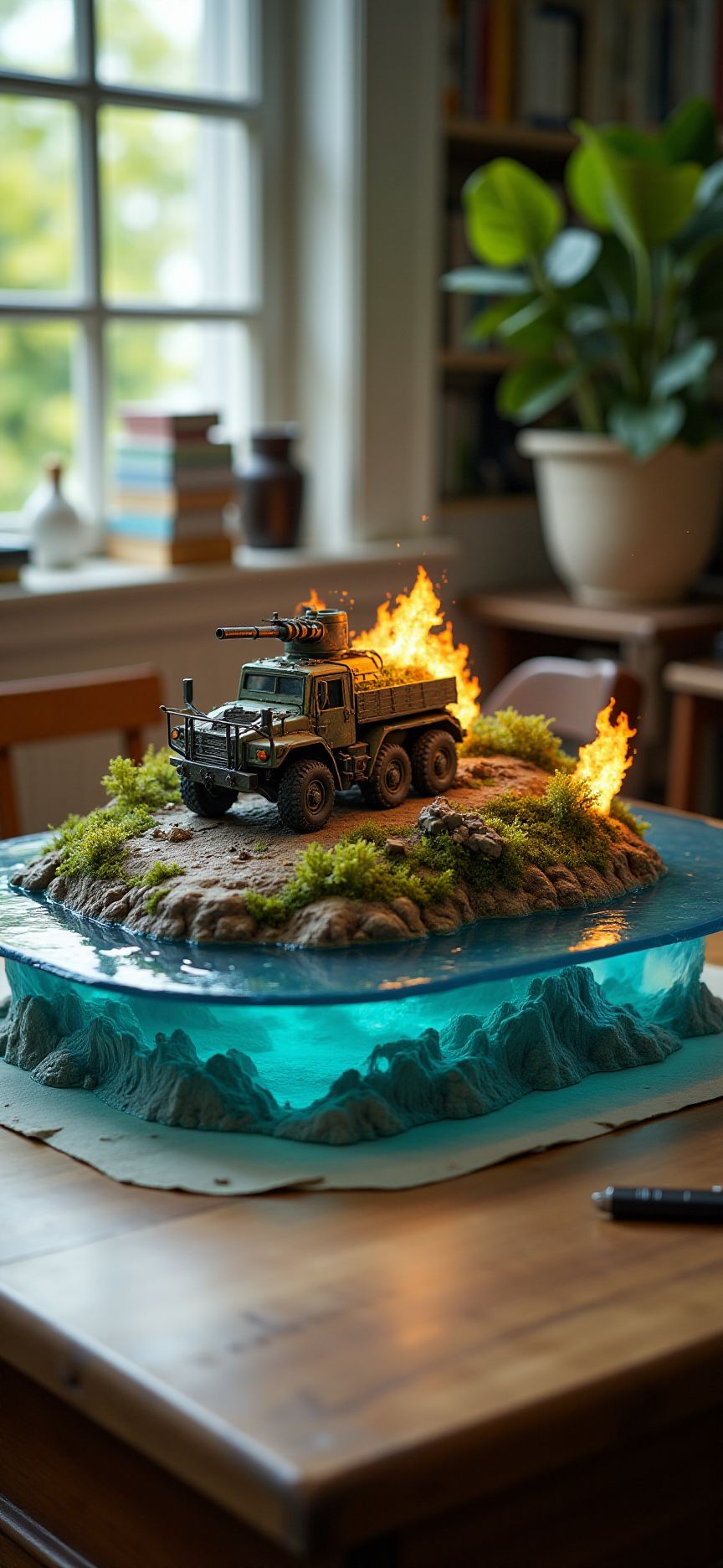 (indoor,very wide isometric view,tilt-shift lens:1.6), (windowless,miniature,miniature,diorama,miniature,diorama,PVC,plastic:2) ,  self propelled artillery,hummer with flame at (floating island,levitating  island:1.5) on (table:2) at (study:2.5)   <lora:Diorama_Flux:1>