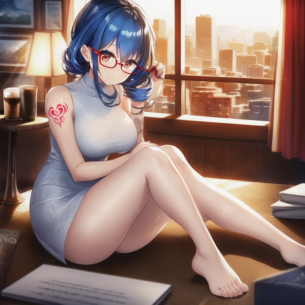 woman, dress, glasses, tattoos, masterpiece, reflective, caustics, solo, coffee cup, red and blue curly hair, lamps, depth of field, pictures, folders, sunlight, city