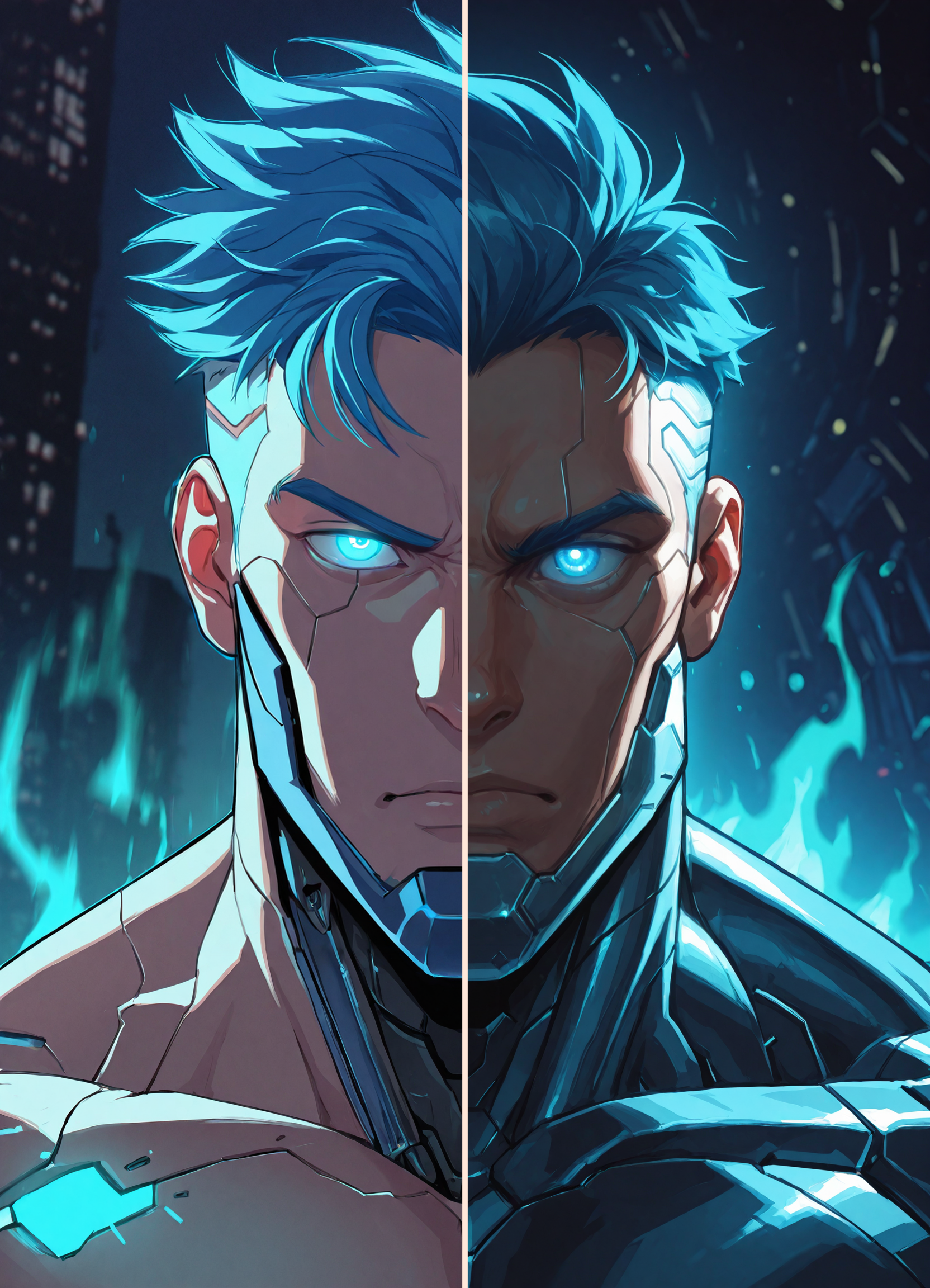 1boy, muscular, bara, depth of field, focused subject, game aesthetic, cyberpunk, graphic poster design, extreme closeup face portrait, cyborg, segmented face plate, glowing eyes with magenta core and green aura, blue hair, intense blue lighting, neon blue glow, vibrant colors, particle effects, digital noise, intense stare, looking slightly towards viewer, futuristic, <lora:HomoSimile_Pony_Style_v1.1:0>, very awa, masterpiece, best quality, absurdres, newest, perfect quality, detailed background, intricate details
