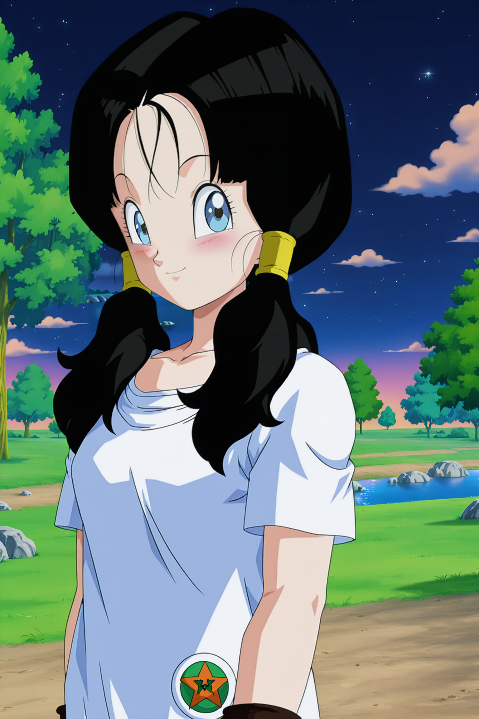 anime screencap, absurdres, high quality, official style,
videl, costume 1, official style, 1girl, solo, black hair, twintails, long hair, hair tubes, raised eyebrows, blue eyes, eyelashes, white long shirt, short sleeves, badge, symbol, brown gloves, fingerless gloves, outdoors, night, grass, own hands together, closed mouth, blush, shiny, river, looking at viewer, upper body, collarbone, night sky, cloud, star \(sky\), tree, rock, dappled moonlight,  smile, arms at side, surprised, 
 <lora:Videl:0.8>