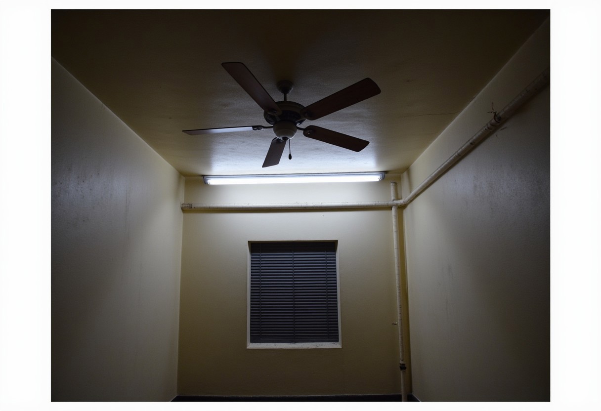 Indian_Building_Flux, no humans, scenery, window, door, indoors, industrial pipe
This photograph captures a dimly lit, sparsely furnished room with a stark, minimalist aesthetic. The walls are a dull, off-white color, with a slightly rough texture, indicating plaster or stucco. The ceiling features a ceiling fan with wooden blades, mounted on a central beam. A single, long fluorescent tube light is suspended from the ceiling, casting a harsh, bright light on a small window with horizontal blinds. GoPro lens, Ultra HiRes Photography