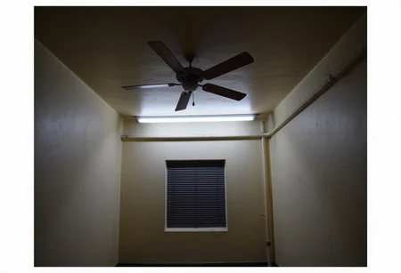 Indian_Building_Flux, no humans, scenery, window, door, indoors, industrial pipe
This photograph captures a dimly lit, sparsely furnished room with a stark, minimalist aesthetic. The walls are a dull, off-white color, with a slightly rough texture, indicating plaster or stucco. The ceiling features a ceiling fan with wooden blades, mounted on a central beam. A single, long fluorescent tube light is suspended from the ceiling, casting a harsh, bright light on a small window with horizontal blinds. GoPro lens, Ultra HiRes Photography
