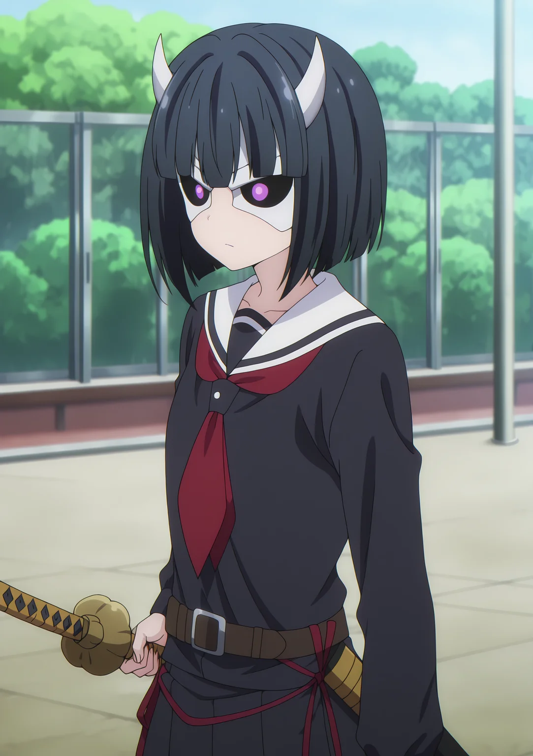 detailed background, official style,anime coloring, (anime screencap) masterpiece, detailed face,1girl<lora:Rin_Onigawara__:0.9>Rin_Onigawara, solo, weapon, sword, holding weapon, mask, school uniform, holding sword, holding, black hair, serafuku, katana, horns, long sleeves, bangs, short hair, sailor collar, red neckerchief, outdoors, closed mouth, neckerchief, shirt, purple eyes (mask), sheath, blurry, black sclera