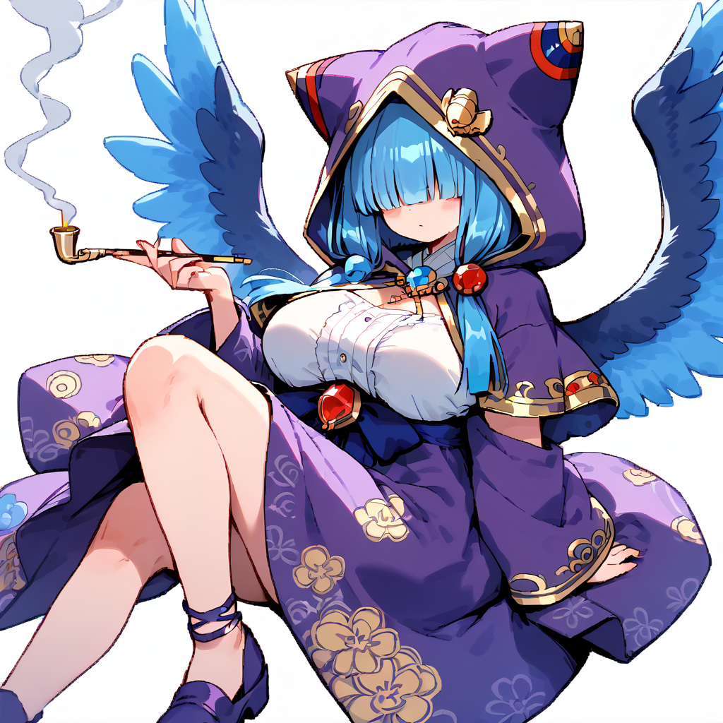 score_9, solo
 <lora:Mahoko:0.8> mahoko, blue hair, wings, hood, hair over eyes, hood up, capelet, gem, purple footwear, blunt bangs, large breasts
 <lora:oiran_Pony_V1.0:0.8> oiran, hair ornament, japanese clothes, floral print, off shoulder, smoking pipe