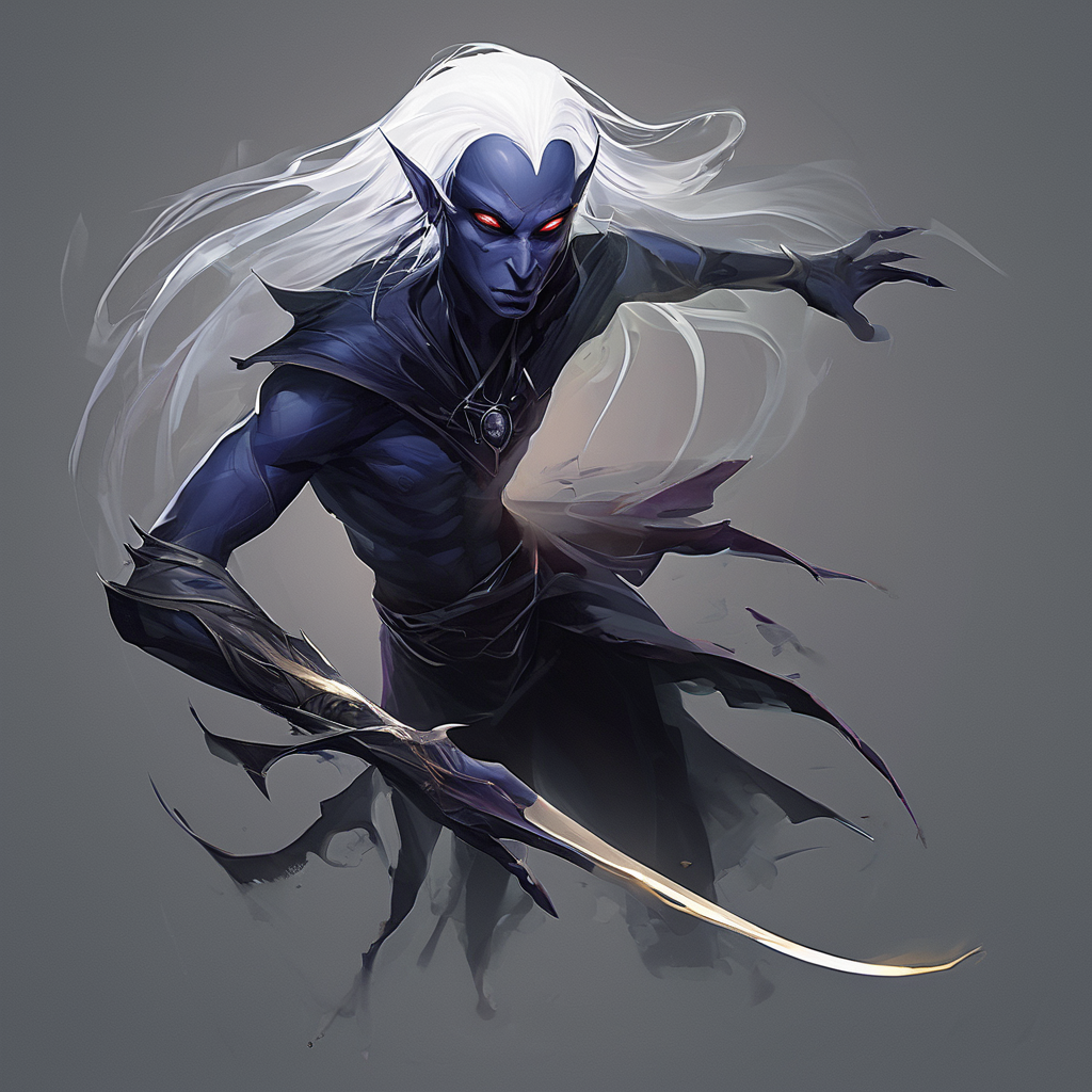 Drow are the Dark Elves of the Underworld - fearless killers who are known for both their spellcasting and fighting ability. Though more frail than humans,they are solid fighters with a great reputation of ruthlessness and precision. Those who cross a dark elf usually meet a swift demise. Drow are tallish elves with indigo skin and white hair,and usually have either red or golden eyes.,masterpiece,long exposure,layered elements,motion photography,stark contrasting color transitions,saturated colors,harmonious color story,illusionism,beautiful details,blackhole energy core,
<lora:artfullydrow__sdxl_v1:1>,